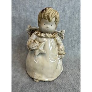 Vintage Ceramic Angel Figurine Holding Star Rustic Glazed Cherub 7 Inch